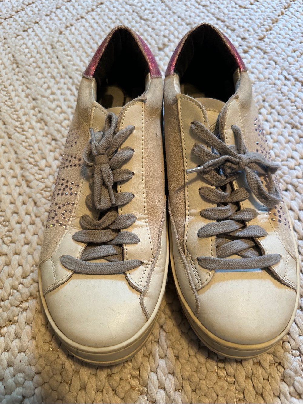 P448 suede shoe, leather toe with a pink metallic accent on heal.